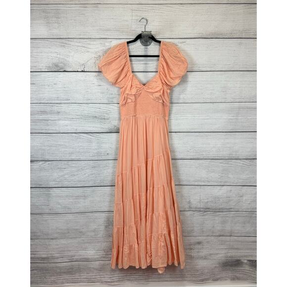 Free People Dresses & Skirts - Free People Women's Peachy Orange Puff Sleeve Tiered Maxi Dress Size Large